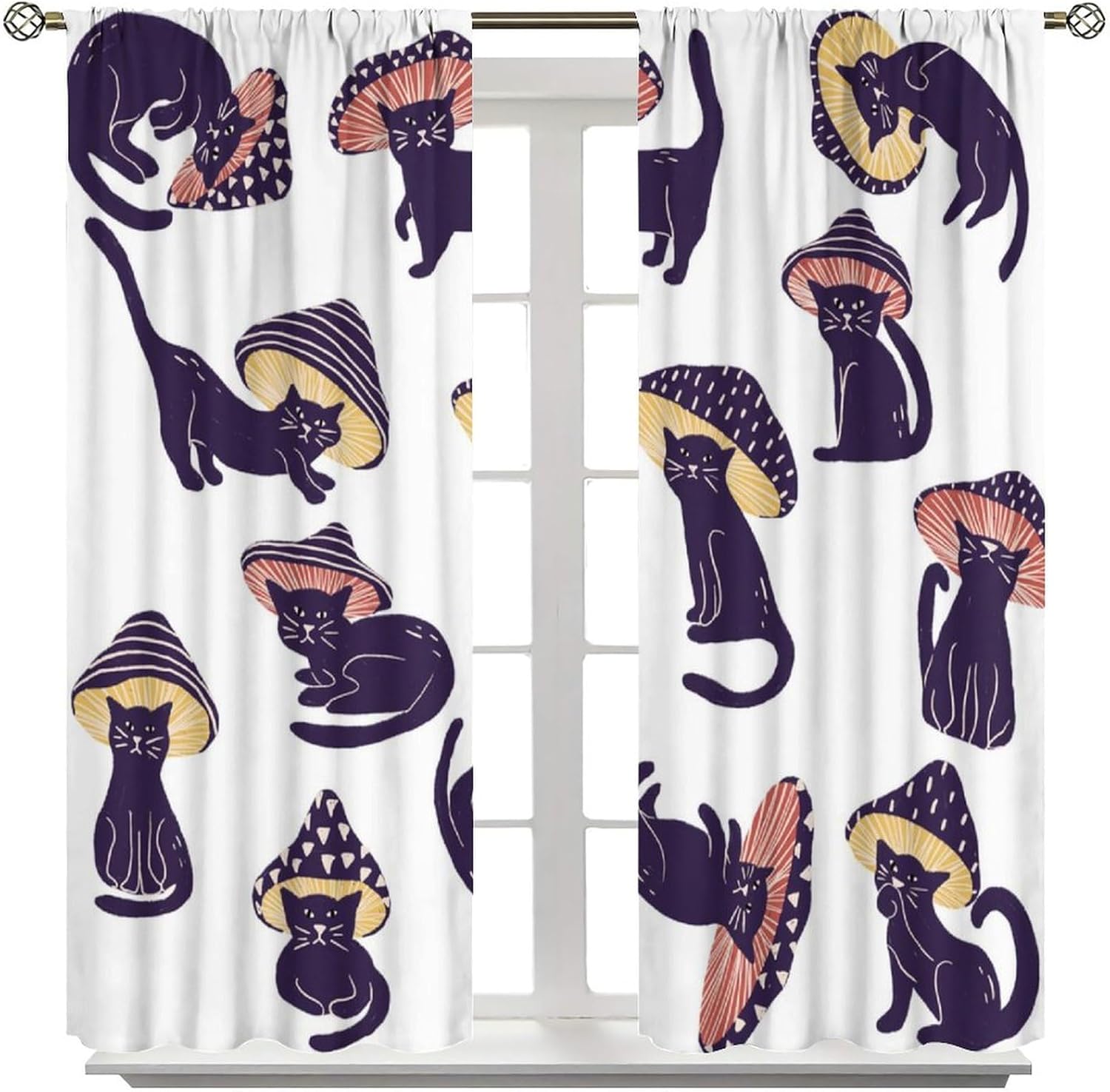 Cat Curtains Funny Abstract Mushroom Cat Art Printed Blackout Window Drapes for Cat Lovers Bedroom Living Room Decor Fabric Set 2 Panel 42x54 Inch 80% Shading Rate