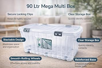 BH | Plastic Storage Box with Lids and Wheels | LARGE Size | 90L (L:81.5cm W:55cm H:33.5cm) | 1-PACK | Stackable Clear Durable Multipurpose Office Toys Home Tools Crafts Household - by Best House