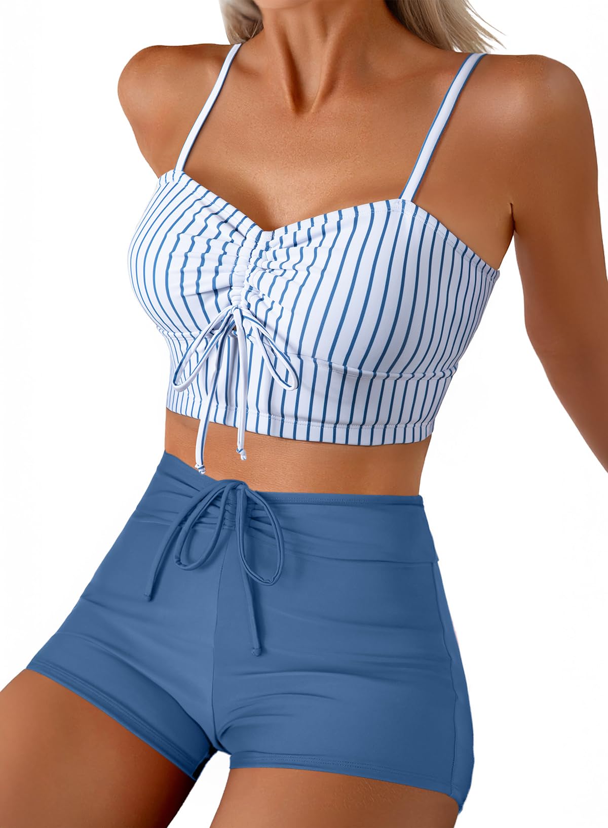 High Waisted Bikini Sets for Women Floral Print Two Piece Tummy Control Swimsuits Drawstring Short Bathing Suit-image-48