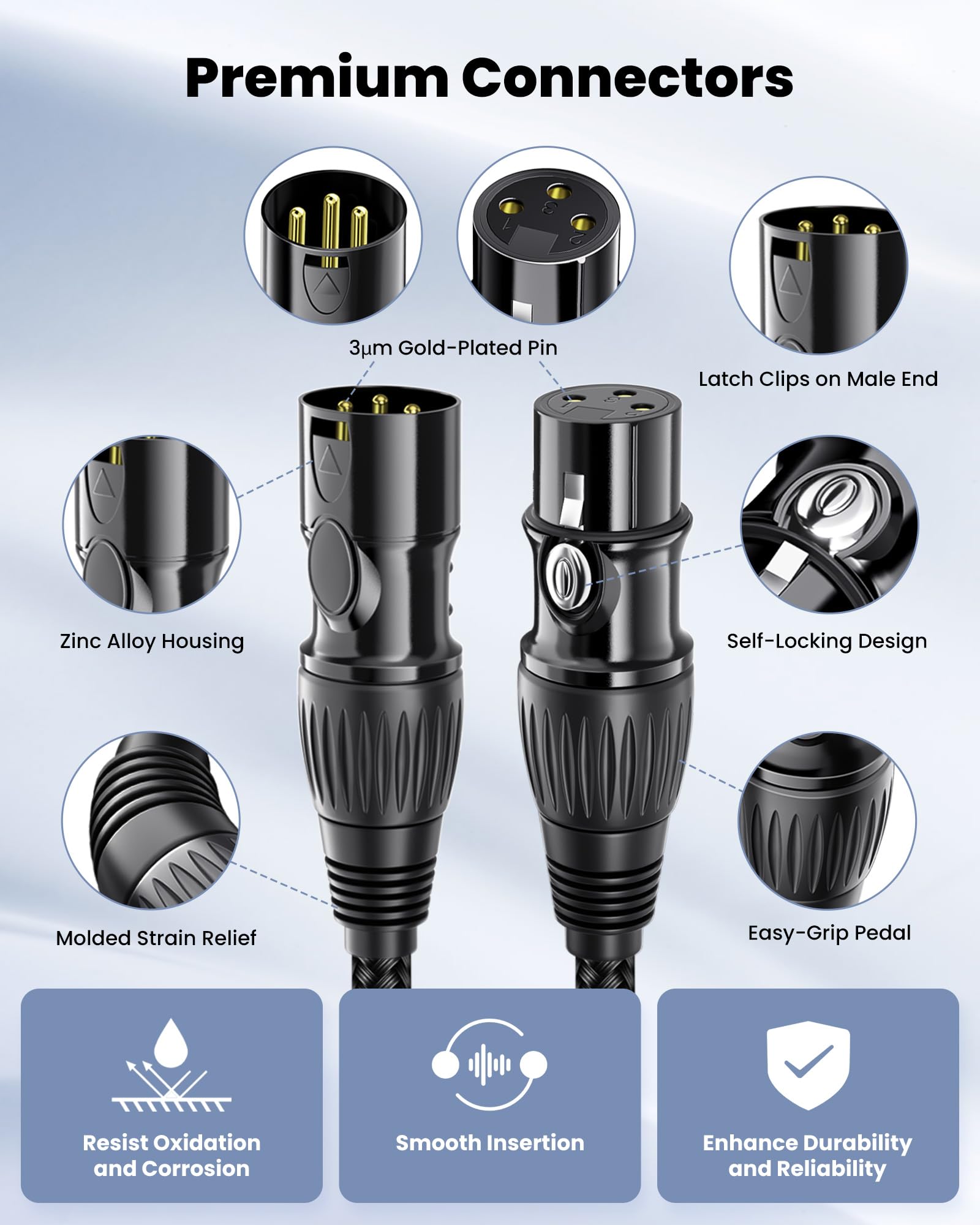 Cable XLR de 25 pies, cable de micrófono XLR profesional macho a hembra, chapado en oro de 3 pines de cobre sin oxígeno (OFC) blindado de nailon trenzado para mezclador, sistemas de altavoces