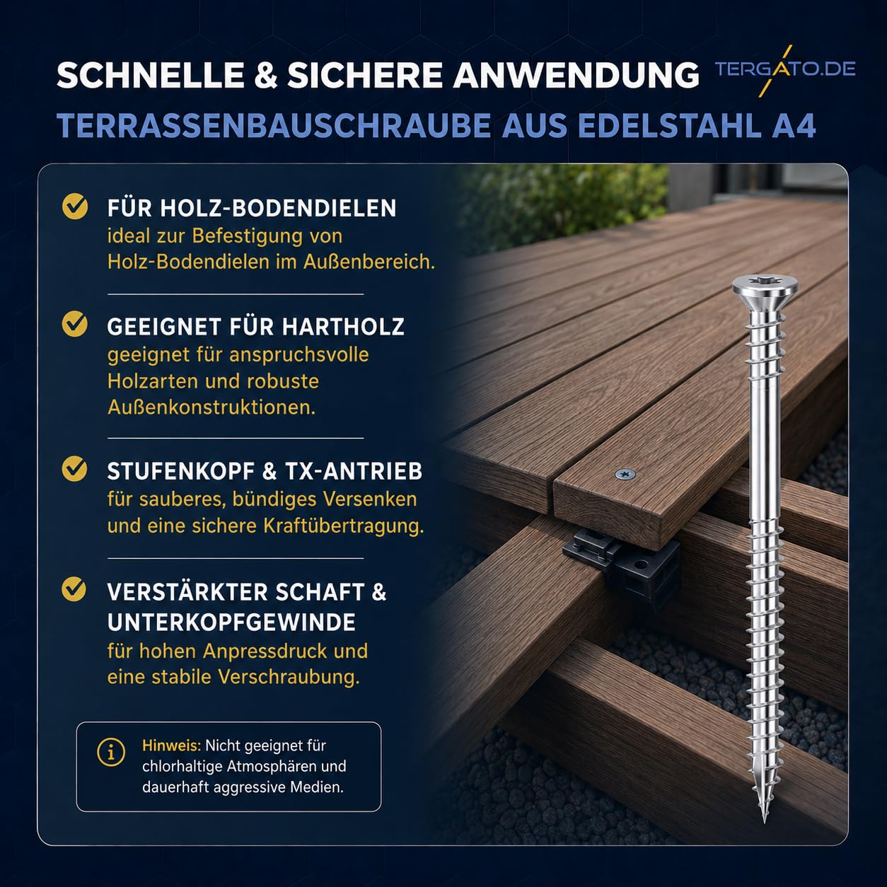Terrassenbauschrauben 5,5x60 mm A4 Edelstahl von Tergato | 200 Stk. | Rostfreie Edelstahlschrauben & Terrassenschrauben zur Befestigung von Holzbodendielen | HSI HSeasy Terra Duo ZK TX25