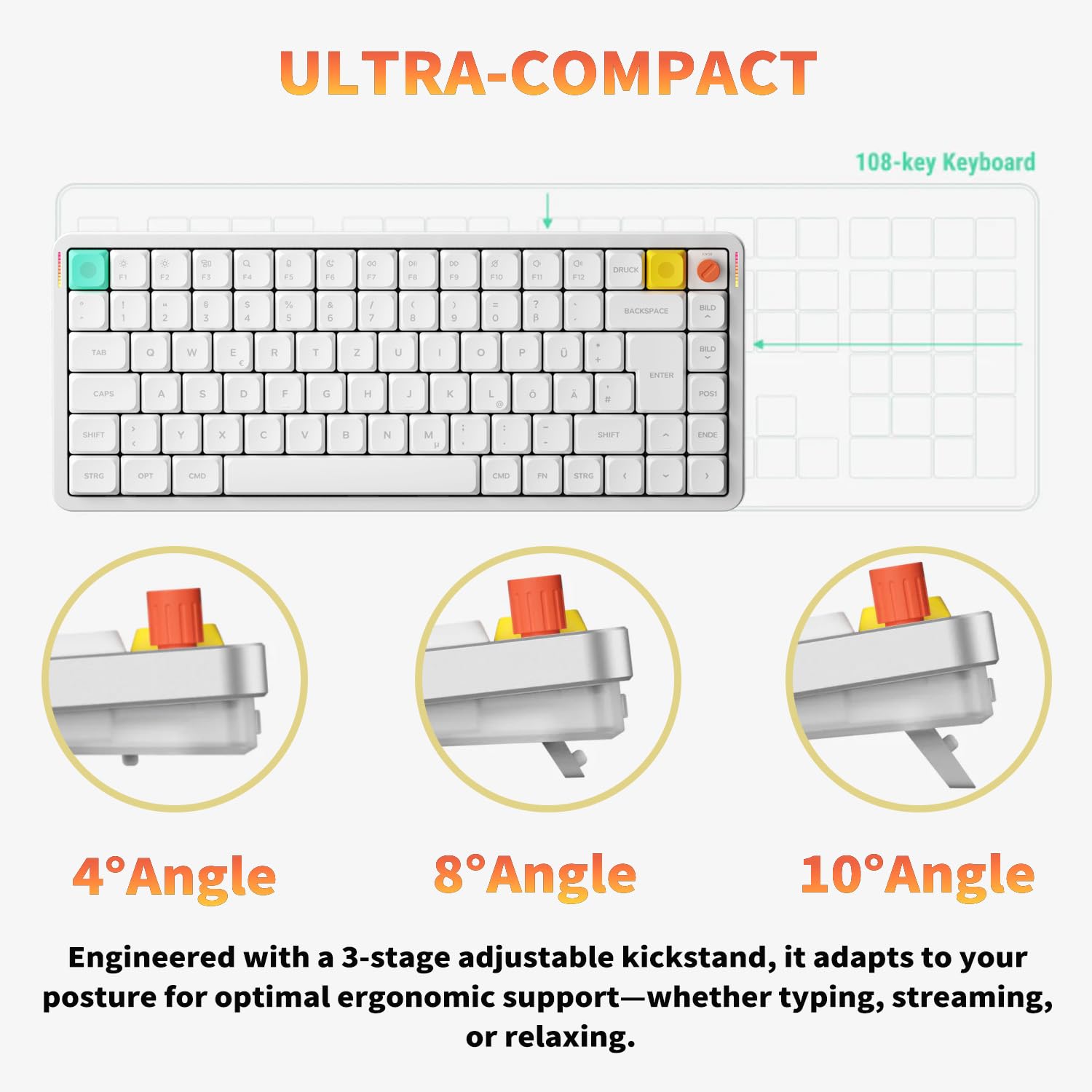 nuphy Air75 V3 kabellose mechanische Tastatur,75% Low Profile Keyboard with Knob, Hot Swap Gaming-Tastatur unterstützt Bluetooth/2,4 GHz/USB-C，Deutsches Layout QWERTZ（White/Blush Nano Switch）