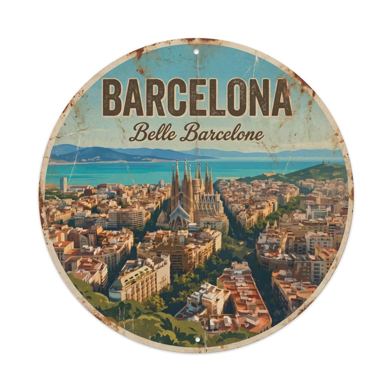 Vintage Travel Barcelona Skyline Mediterranean Spain Metal Tin Sign Plaque Wall Decor for Cafe, Club, Garden Round Metal Poster 8x8Inch