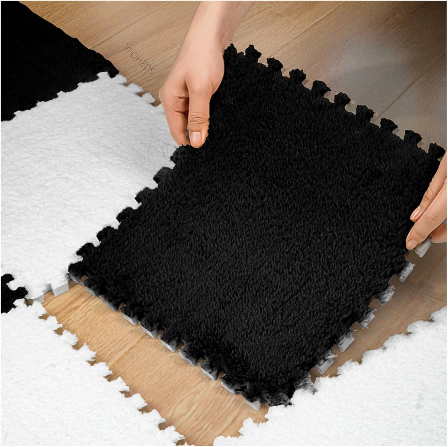 Foam Floor Tiles Plush Puzzle Mat 6pcs Soft Fluffy Rug Tiles Interlocking Carpet Squares Foam Tiles for Parlor Bedroom Decoration(Size:12x12inch Color:Black)