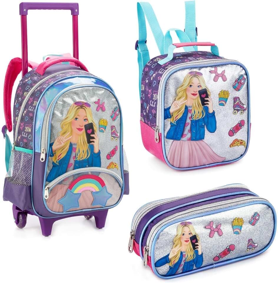 Kit Escolar para Menina Fashion, Mochila com Rodinhas + Lancheira Térmica + Estojo, Para Aula, Feminino (Selfie Girl - Kit Roxo)