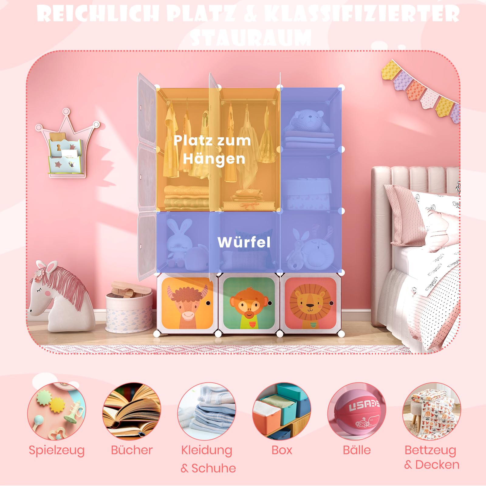 DREAMADE Kinderkleiderschrank mit 8/12 Würfeln, Kinder Kleiderschrank Regalsystem aus Kunststoff, Kinderschrank mit Türen & Kleiderstange für Kinderzimmer, 110x37x145cm (12 Würfeln-Tier-Rosa)