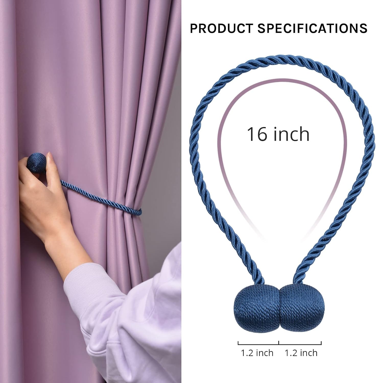 NICEEC 2 Pack Upgrade Magnetic Curtain Tiebacks 16 Inch Handmade Weave Rope Curtain Holdbacks Convenient Decorative Round Curtain Drape Tie Backs for Home & Office Window Drapery (Navy Blue)