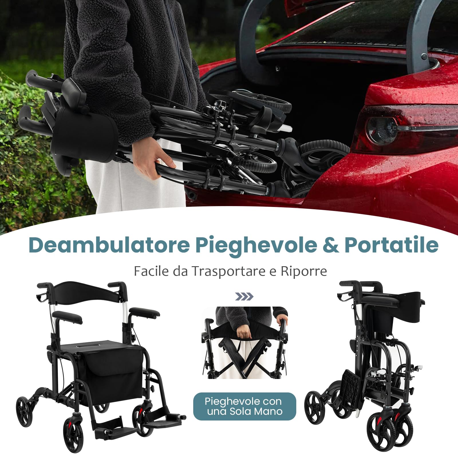 RELAX4LIFE 2 in 1 Deambulatore Pieghevole con Seduta e 4 Ruote per Anziani, Sedia a Rotelle Leggero, Regolazione Altezza, Freno a Mano, Alluminio, Deambulatore con Porta Ombrello e Borsa (Nero)