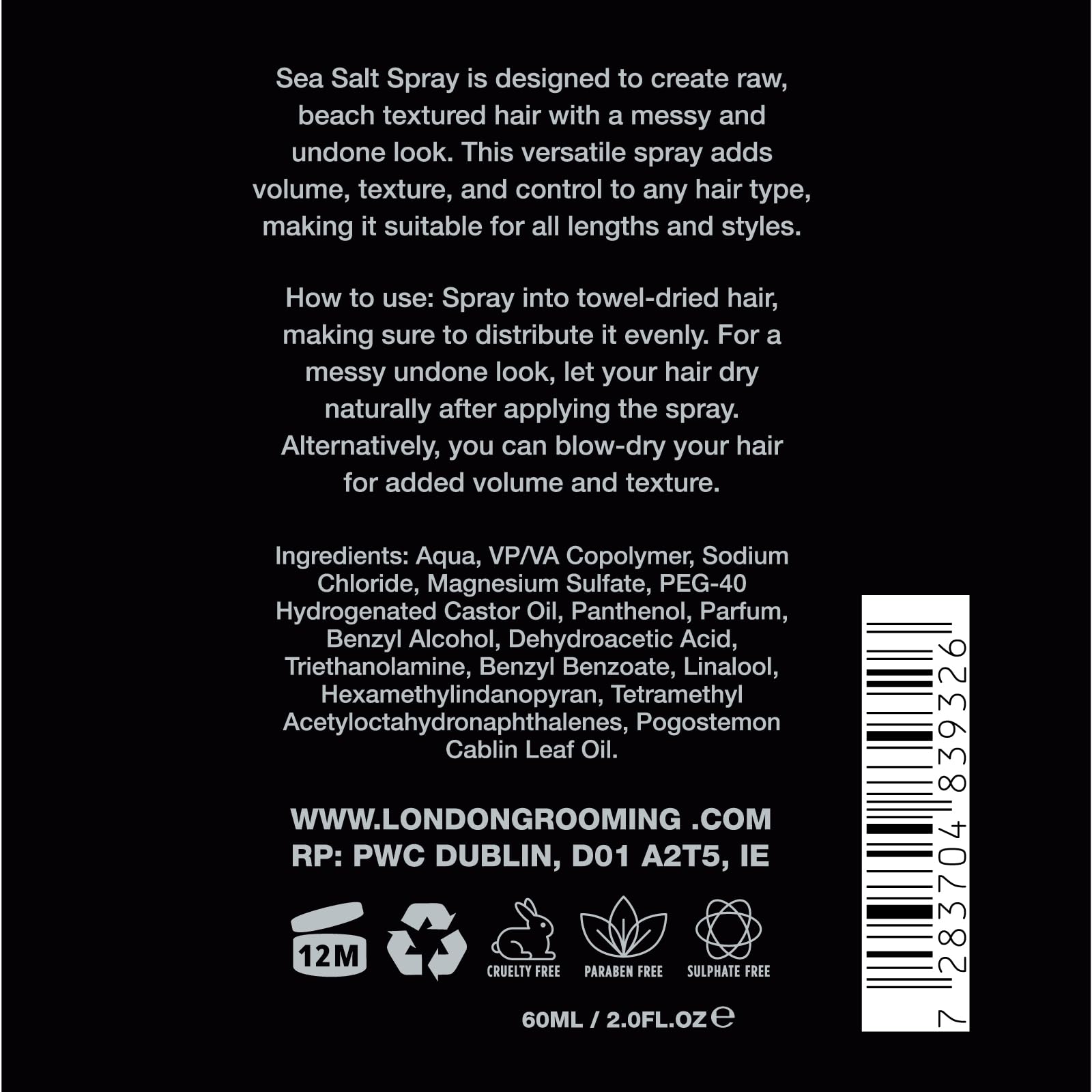 Spray de sal marina The London Grooming Company para hombre | Fijación firme todo el día | Acabado mate | Fácil de aclarar | Look despeinado/texturado | 250 ml (8,8 Fl Oz)