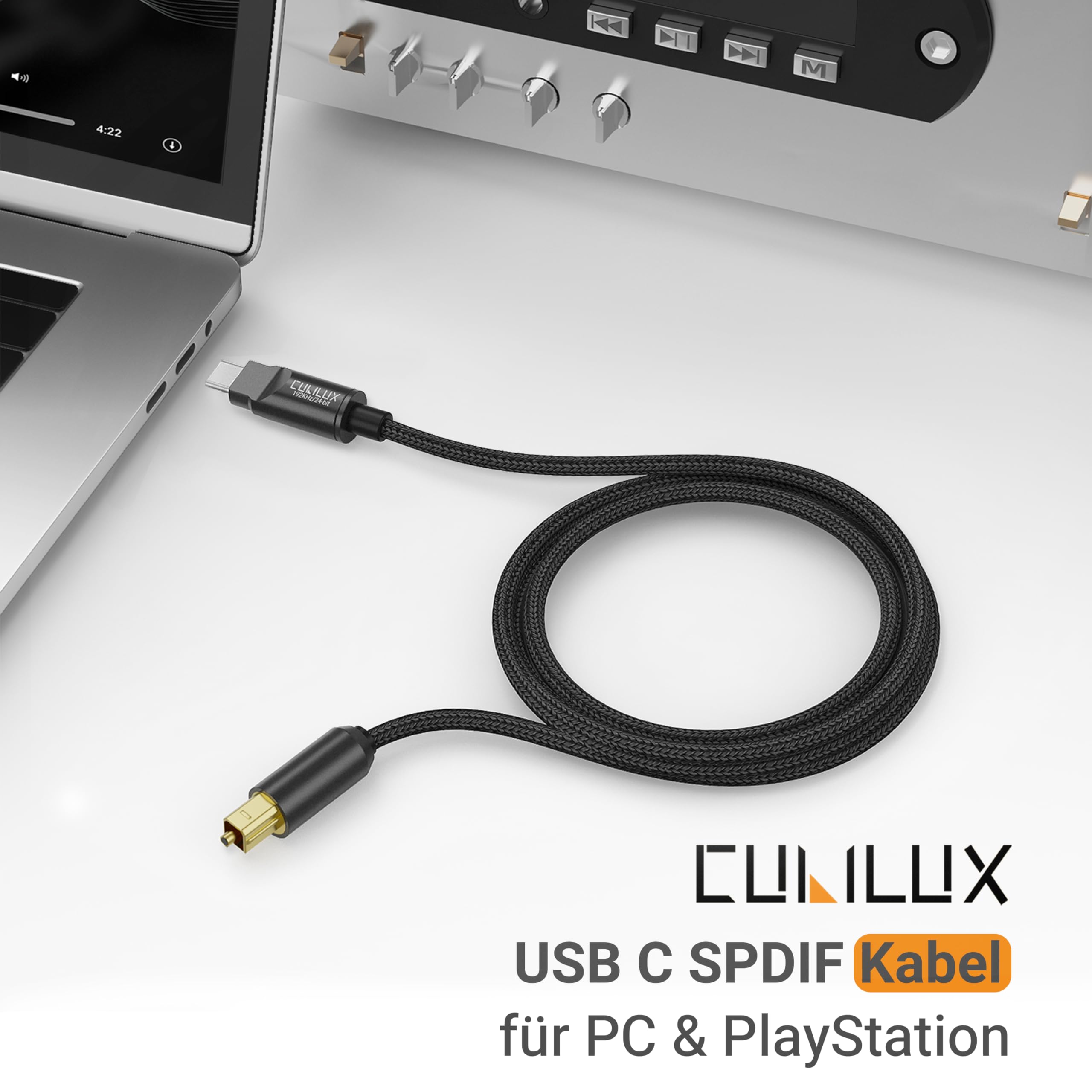 Cubilux USB C auf TOSLINK optisches Audiokabel, unidirektionaler Type C auf SPDIF S/PDIF Transmitter für Computer, MacBook und PS5, 6,6 Fuß