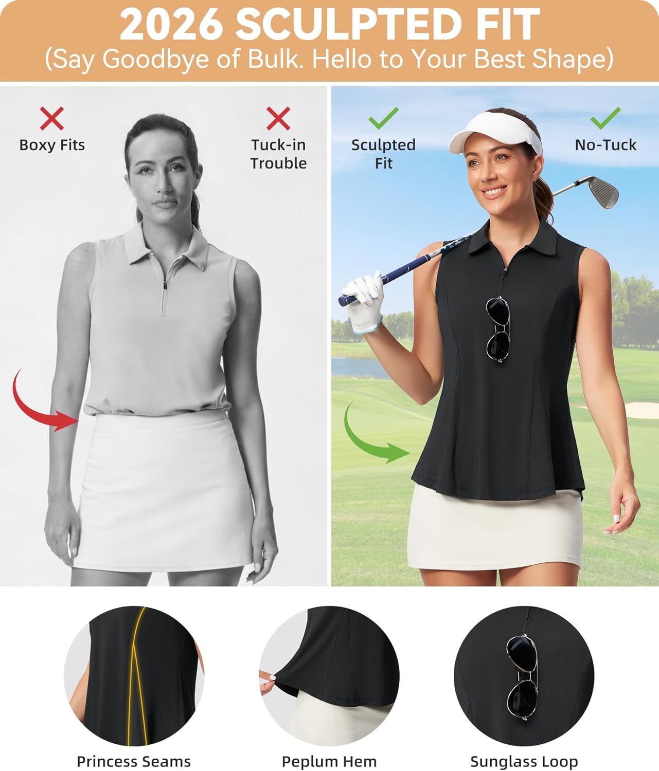 Casei Women's Sleeveless Golf Polo Shirt with Sunglass Loop, UPF 50+ Quick Dry Tennis Pickleball No-Tuck Peplum Top 1/4 Zip - Image 4