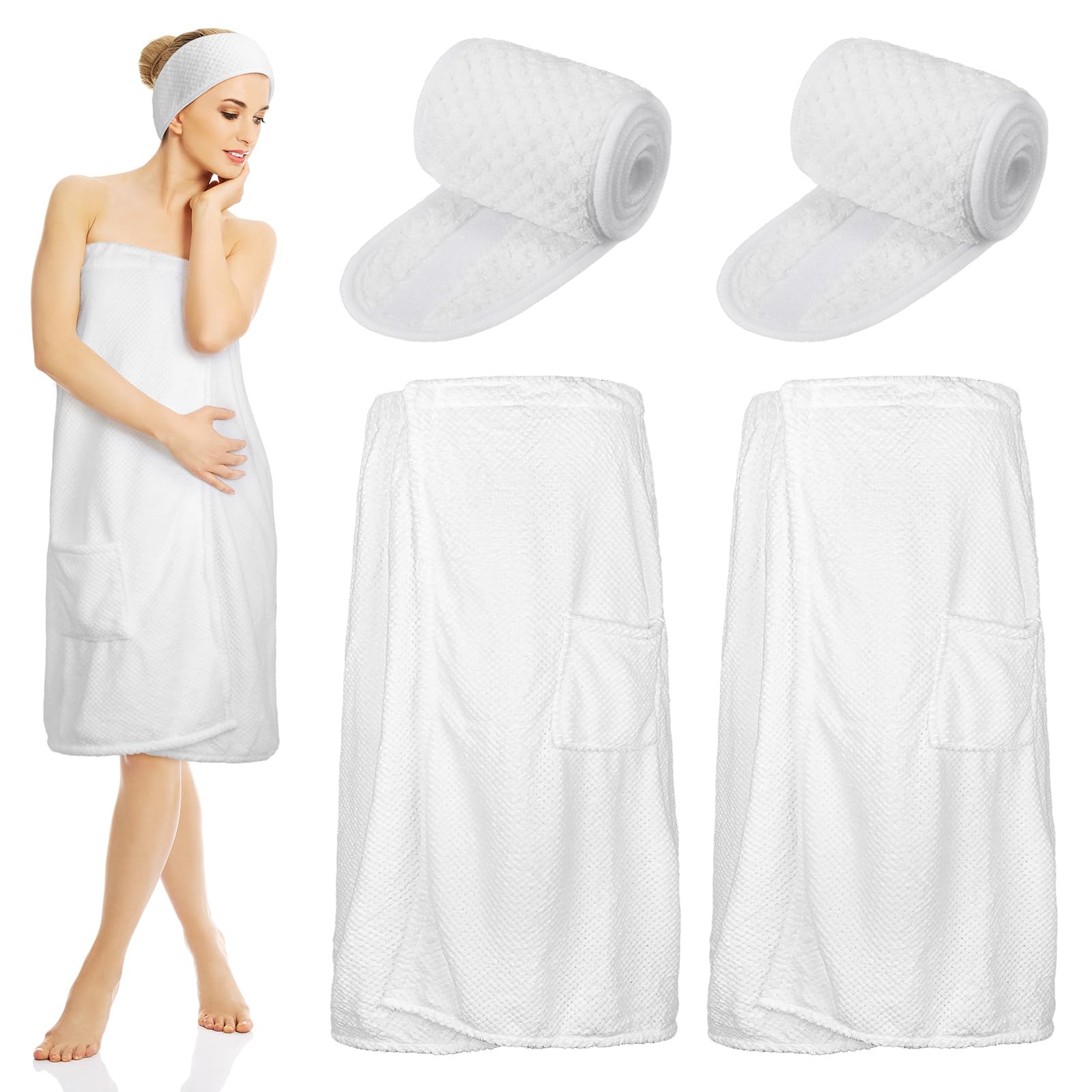 Kinlop 2 Sets Towel Wrap Bath Wrap Towel for Women with Pocket with Facial Spa Headband Set Waffle Spa Robe with Adjustable Closure Elastic Top