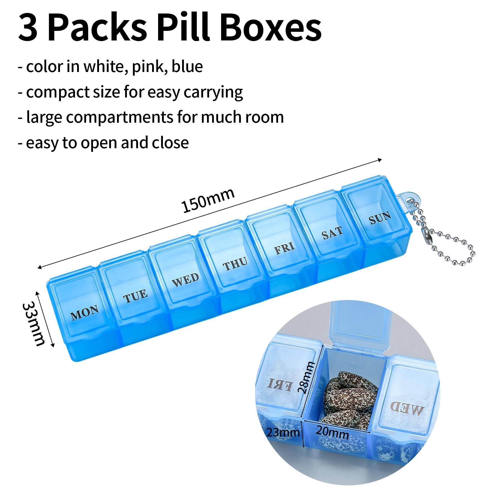 Lot de 3 piluliers de 7 jours - Pilulier hebdomadaire pour médicaments, suppléments, vitamines, huile de foie de morue