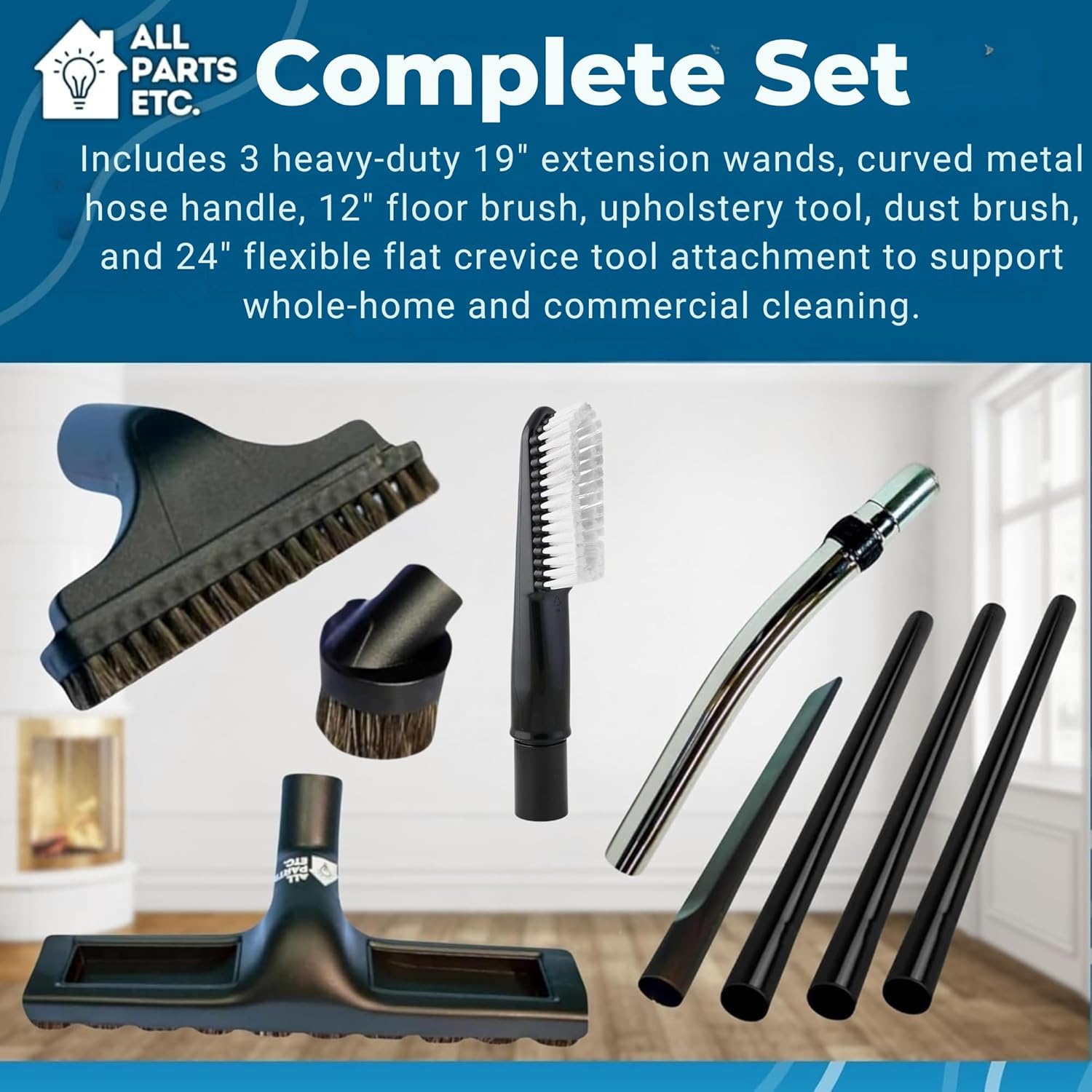 Complete Attachment Kit for Rainbow E, E2, SRX - 3 pcs 19" Extension Wands, Metal Handle, Floor Brush, Upholstery, Crevice & Dusting Tools - Fits Electric & Non-Electric Hose Systems