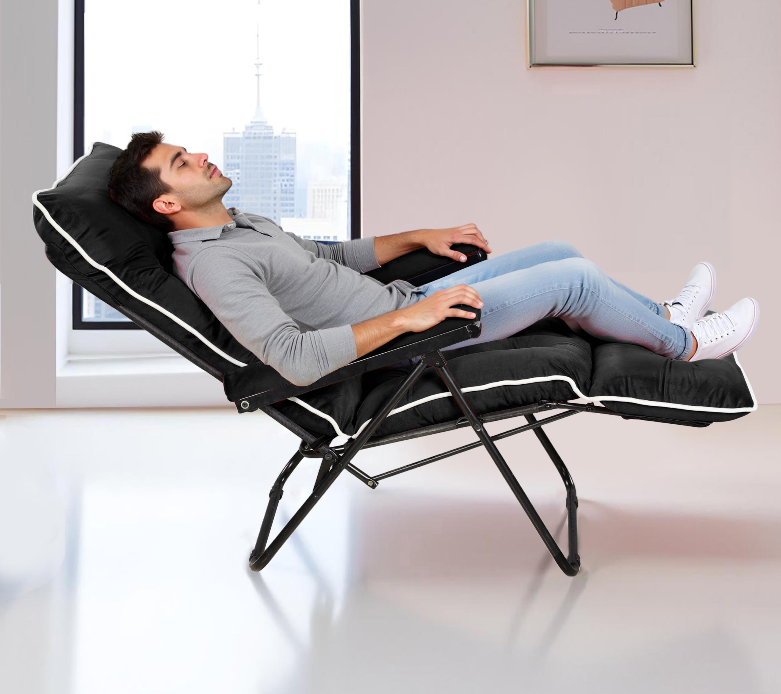 Spacecrafts® Premium Steel Recliner Chair for Home Relaxation | Foldable, Space-Saving Easy Chair with Cushion & Arm Rest | 5 Adjustable Positions Zero Gravity Recliner for Elderly & Sleep | Black-image-43