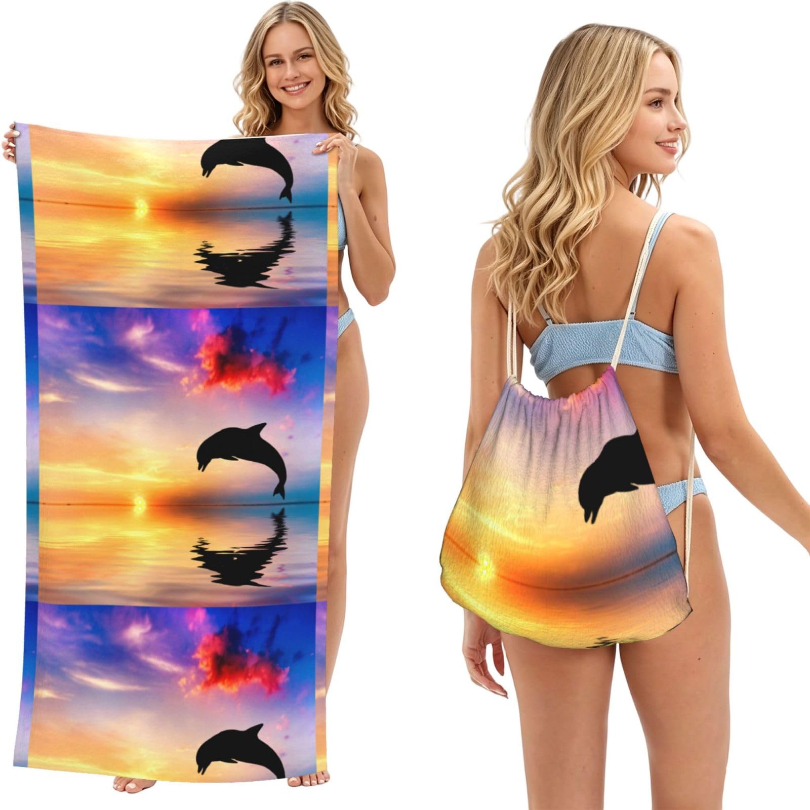Poadnly Dolphin Jumping, 2 in 1 Packable Towel Bag, Beach Towels with Drawstring Backpack for Travel Holiday Camping