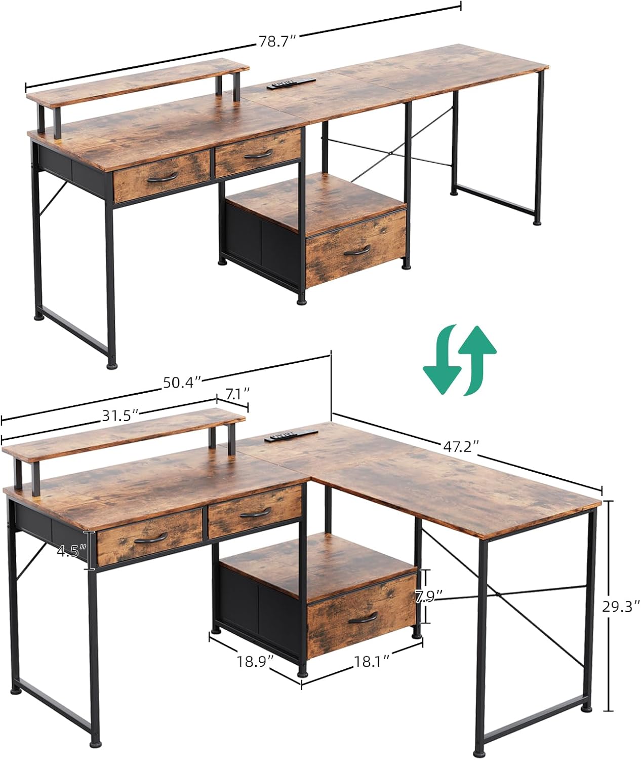 L Shaped Computer Desk, 78.7" Reversible Home Office Desk with Printer Storage Shelf & 3 Fabric Drawers, Two Person Desk with LED Lights & Power Outlet, Corner Gaming Desk with Monitor Shelf, Vintage