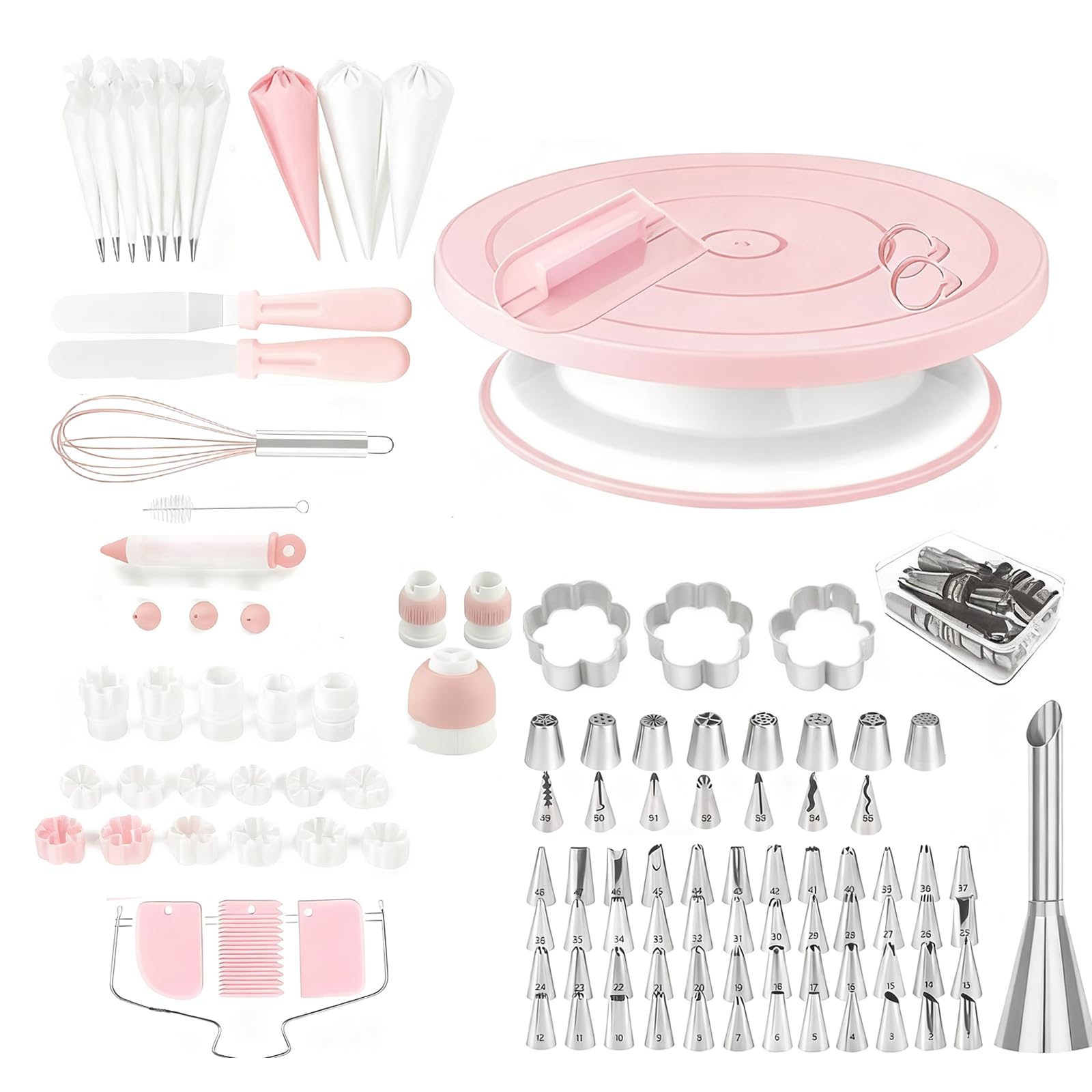 Cake Baking & Decorating Set, 137Pcs Professional Tools Non-Slip Revolving Cake Turntable with Numbered Icing Guides & Templates, Pastry Piping Bag Baking Tools for Beginners & Baking Enthusiasts Pink