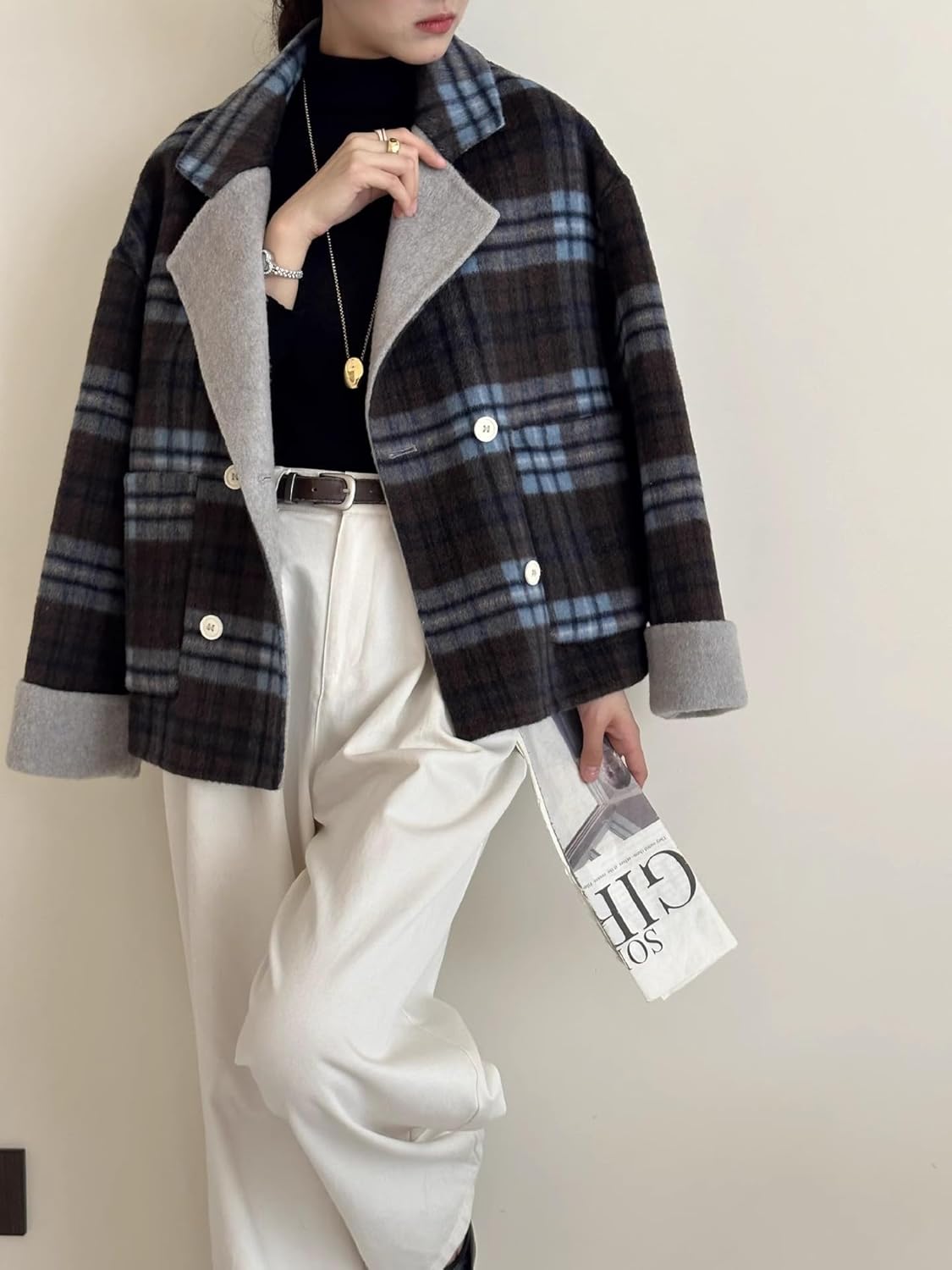 chouyatou Women's Plaid Notch Lapel Wool Coat Loose Dressy Work Blazer Jacket Double Breasted Pea Coat