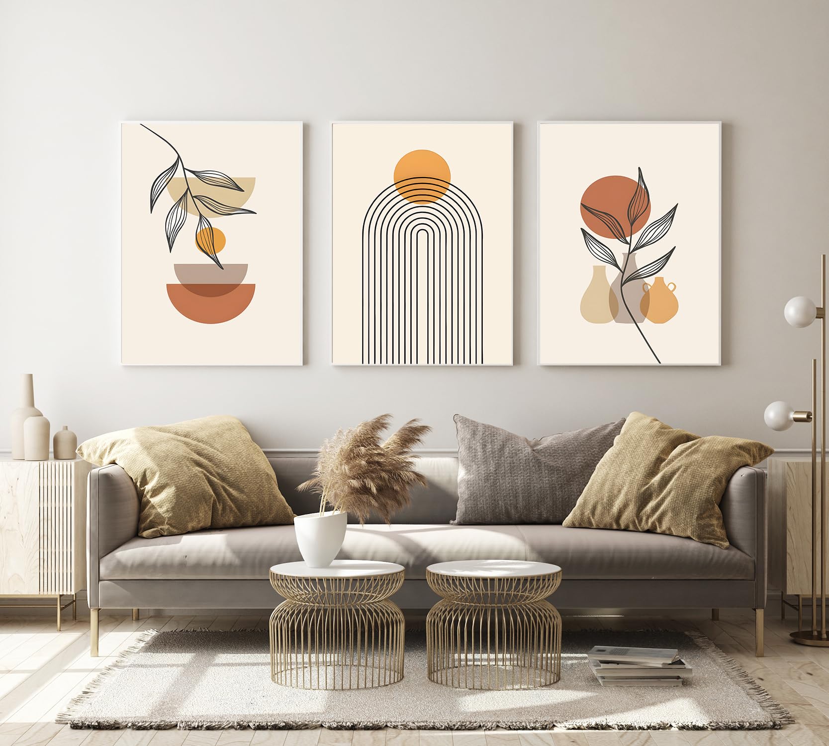 Modern Boho Decorative Pictures Aesthetic Plant Pictures, Natural Landscape Beach, Abstract Art Wall Pictures Bohemian Poster Set, Without Frame (50 x 70 cm, 3 Pieces, Poster-07)