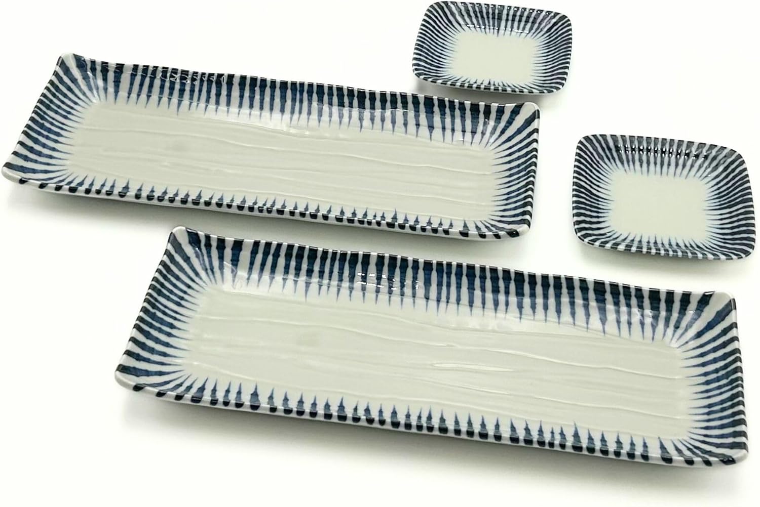 Product of Gifu Japan Japanese Sushi Plate Set for 2, Rectangular Plates with Soy Sauce Dishes, White and Indigo Blue Design, Japanese Dinnerware