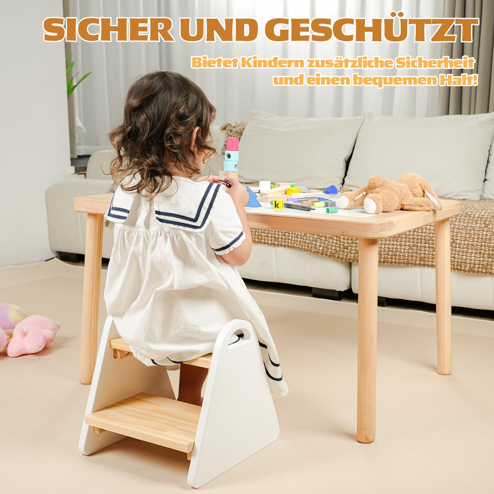 2-stufiger Tritthocker für Kinder aus Naturmaterial, Hocker & Trittstuhl Trittpult, Kindertreppe für Badezimmer Küche Schlafzimmer, Abgerundete Kanten rutschfest Kindgerecht(Weiß) - 2
