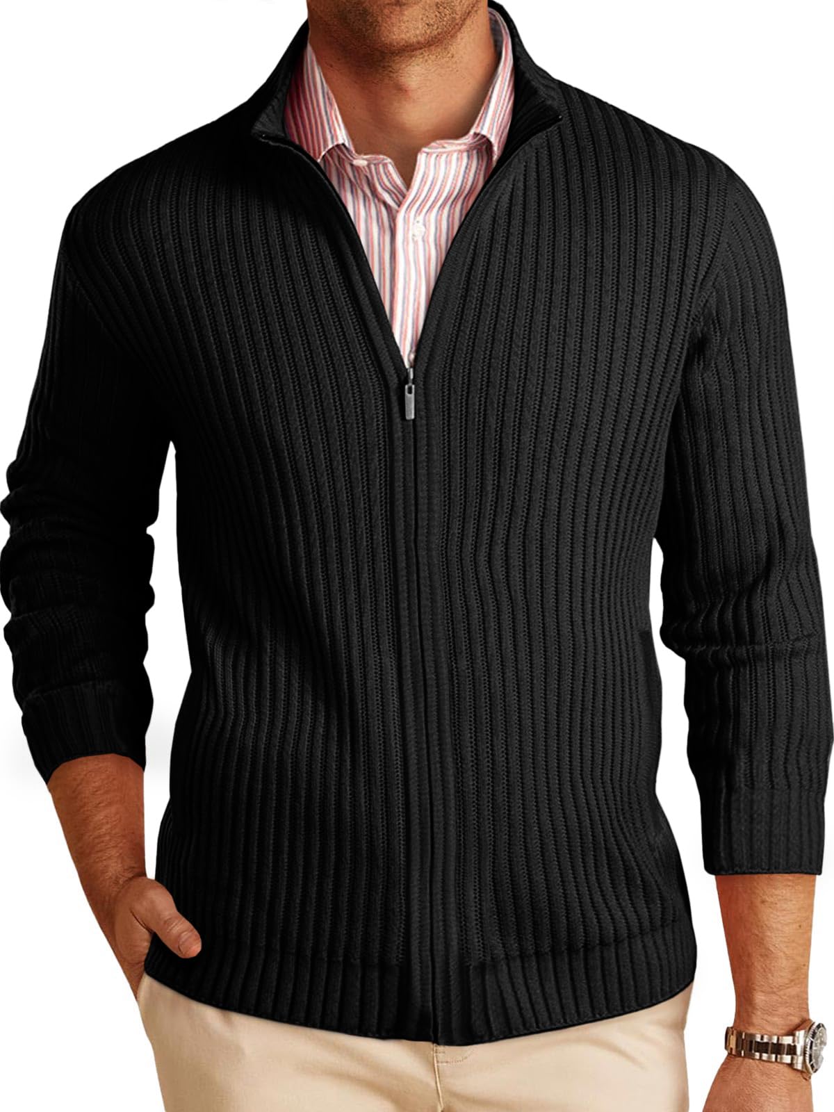 Mens Full Zip Cardigan Sweater Casual Mock Neck Ribbed Knitted Winter Chunky Sweaters-image-43
