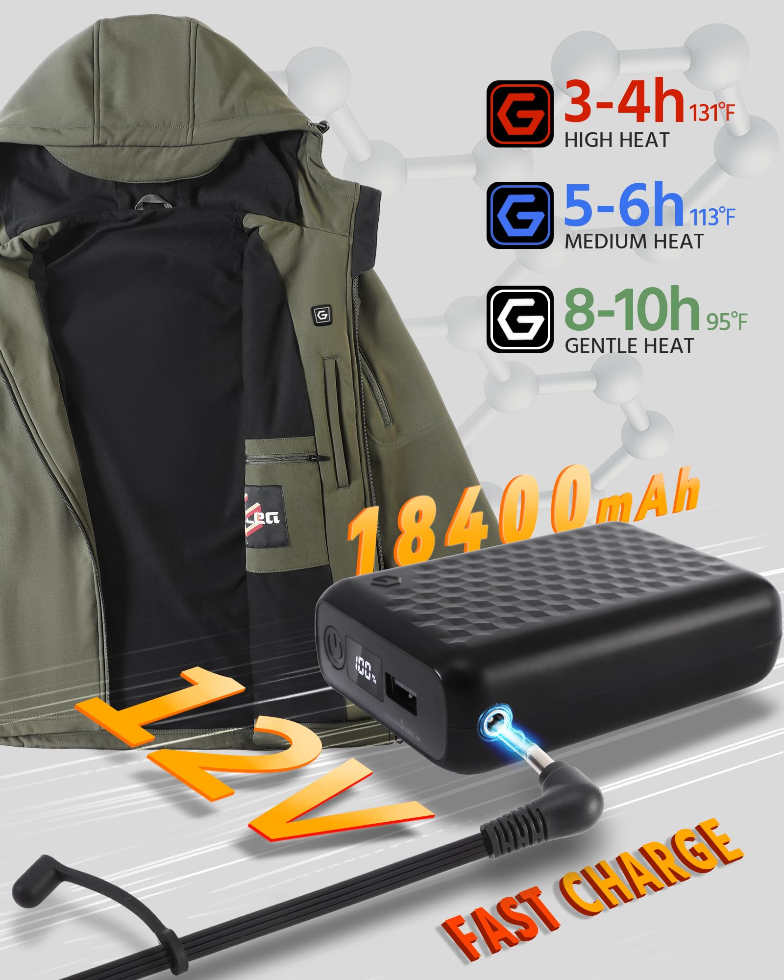 Wulcea Graphene Heated Soft Shell Jacket for Men 12V 18400mAh Large Capacity — view 4