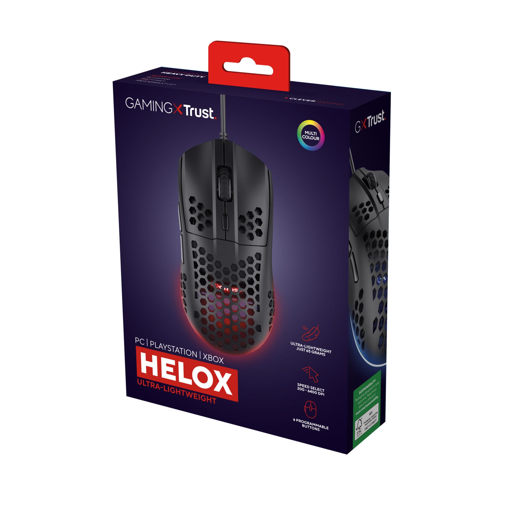 Trust Gaming GXT 928 Helox mysz do gier, superlekka mysz przewodowa USB 65 g, regulowana DPI (200-6400), czujnik optyczny, 6 programowalnych przycisków, oświetlenie LED RGB, do gier, laptopa, | Regulowane DPI (200-6400), czujnik optyczny, 6 programowalnyc