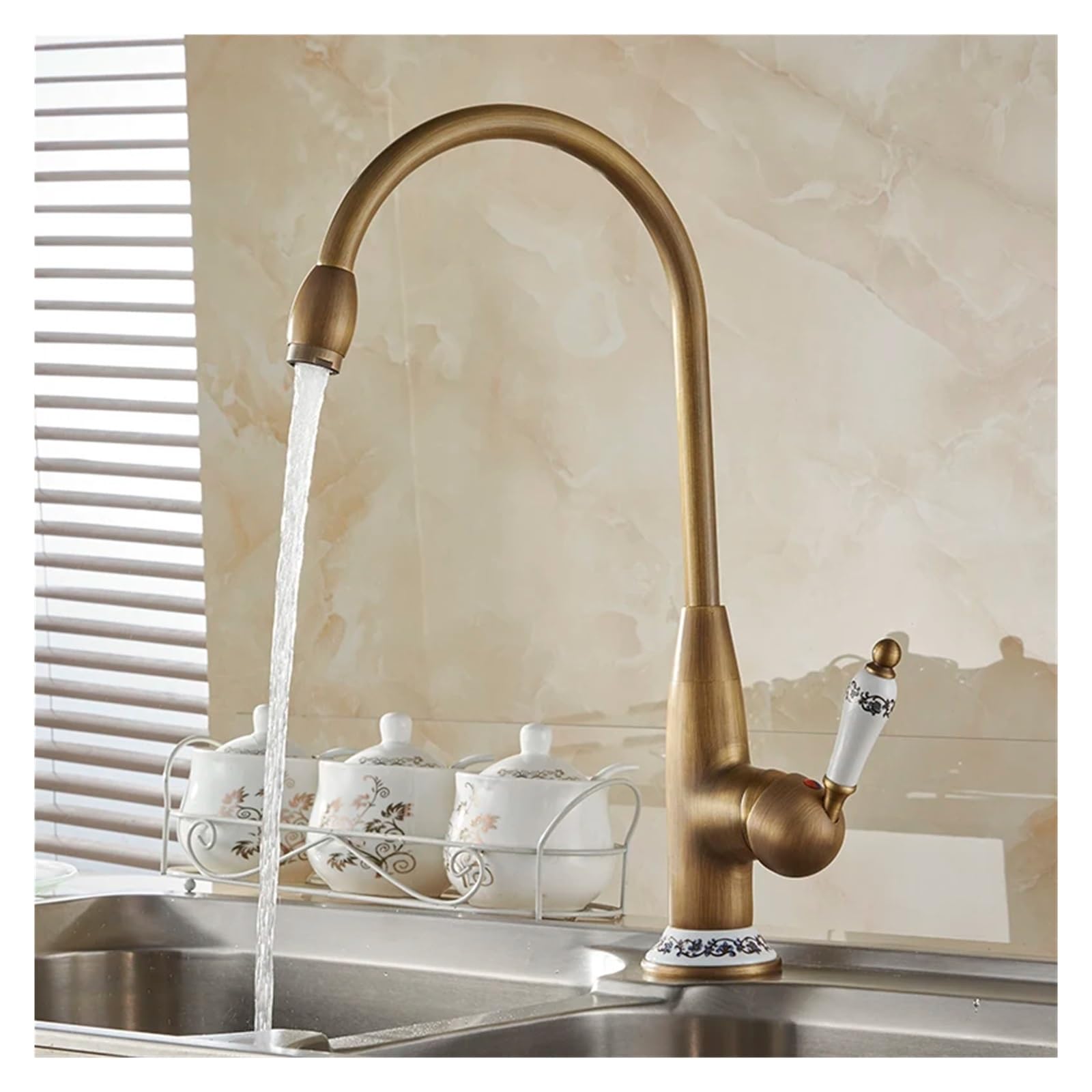 Faucet Baterie kuchenne Antyczny brąz Kran kompatybilny z baterią kuchenną z ceramicznym zimnym i gorącym zlewem kuchennym Mieszacze wody z kranu, bateria umywalkowa, brązowa Faucet