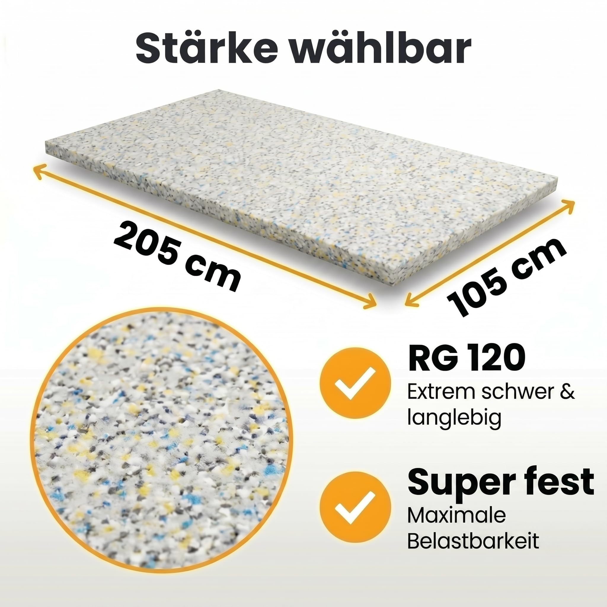 Wegerich Schaumstoffplatte - extrem fester langlebiger Verbundschaumstoff RG120-205x103x3 cm - für dünne Auflagen/Trittschalldämmung