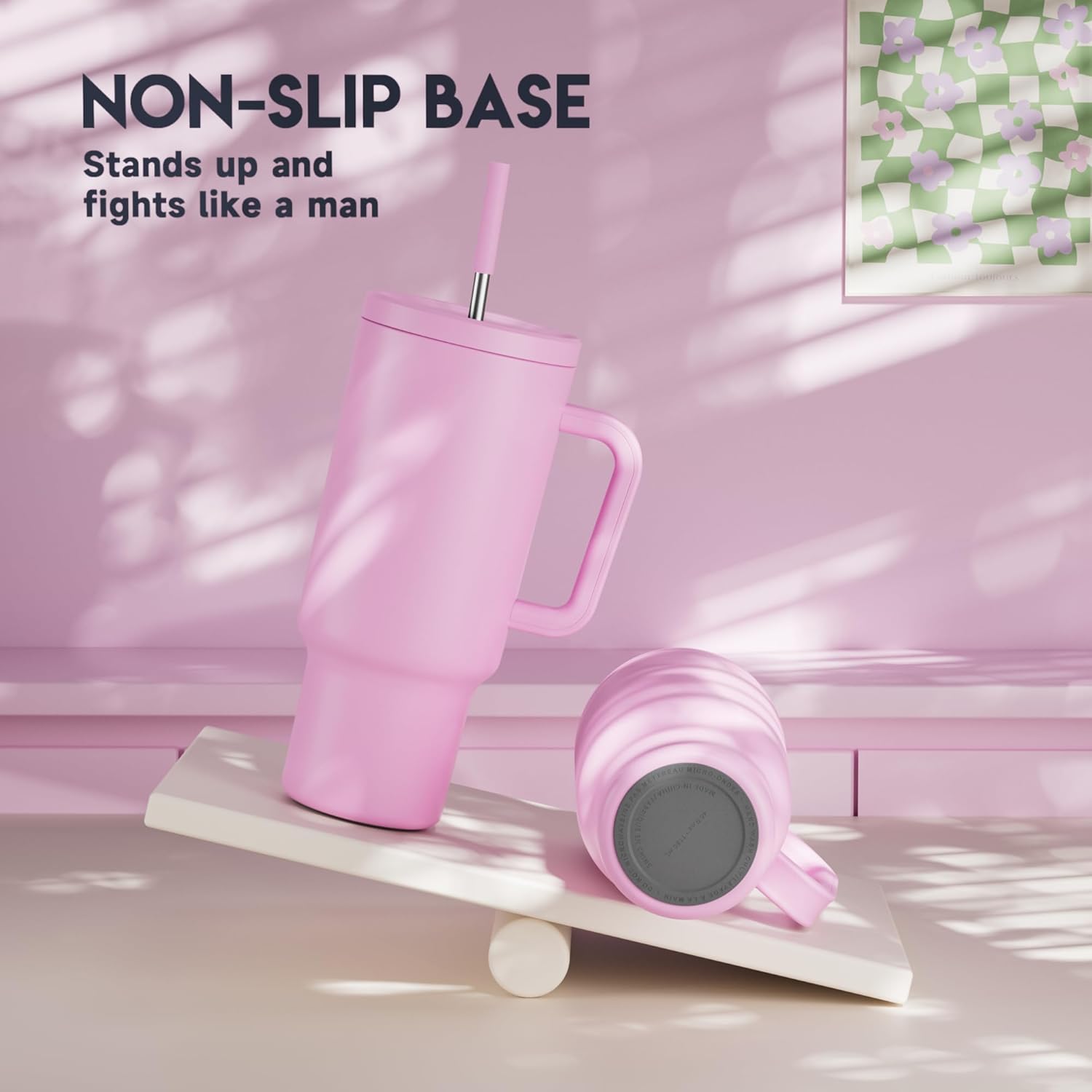 Meoky 40 oz Tumbler with Handle and Straw: Stainless Steel Insulated Tumbler with Lid and Straw - 100% Leak Proof Tumbler for Car Cup Holders - Travelers Commuters Workers, Pink - Image 4