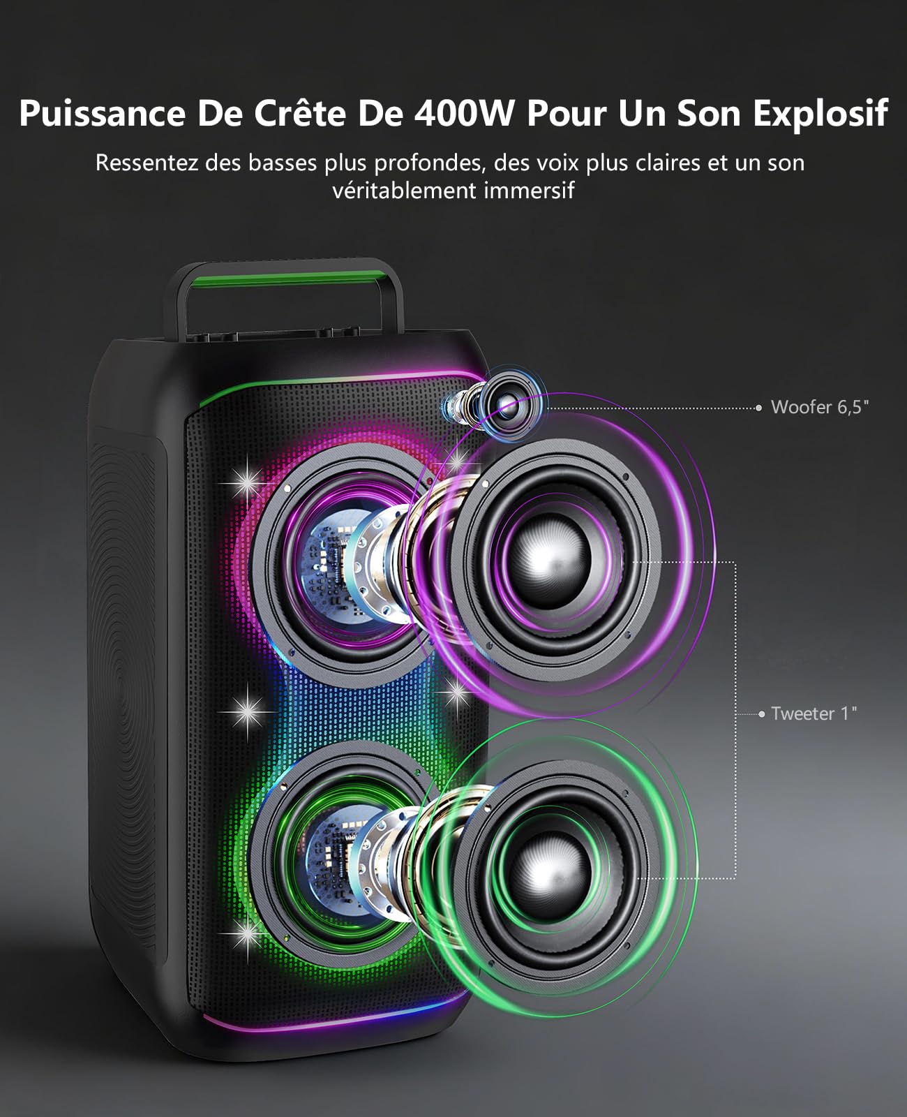 GKD61 Machine de Karaoké pour Adultes avec 2 Microphones UHF Sans Fil, 400W Puissance Crête, Enceinte Bluetooth Portable avec Deux Subwoofers de 6,5", Réglage Basses/Aigus, pour Intérieur et Extérieur
