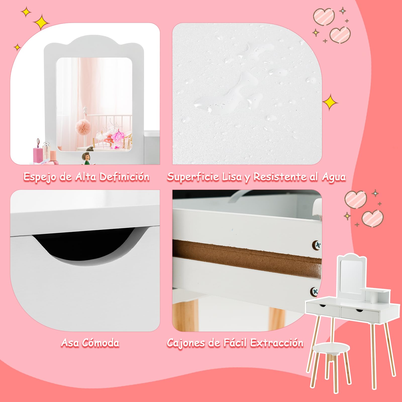 RELAX4LIFE 2 en 1 Tocador de Maquillaje para Niñas 3-7 Años con Taburete, Escritorio/Tocador Niña de MDF con Espejo Extraíble, 2 Cajones y 1 Estante, Mesa Niños Infantil, Carga 20+40kg (Blanco)