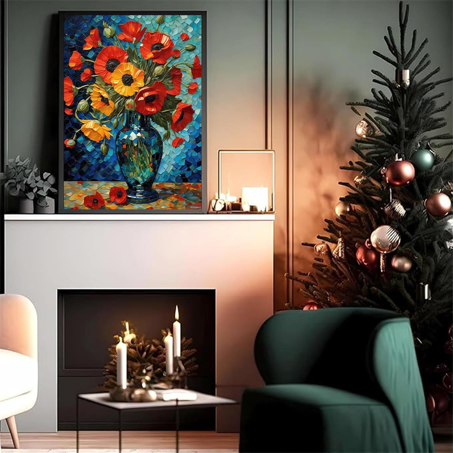 PUAGEMTI Poppies Flower Diamond Painting, Flowers in Vintage Vase 5D Diamond Art Painting Kits Home Wall Decor for Adults Beginners DIY Full Drill 12x16 Inch