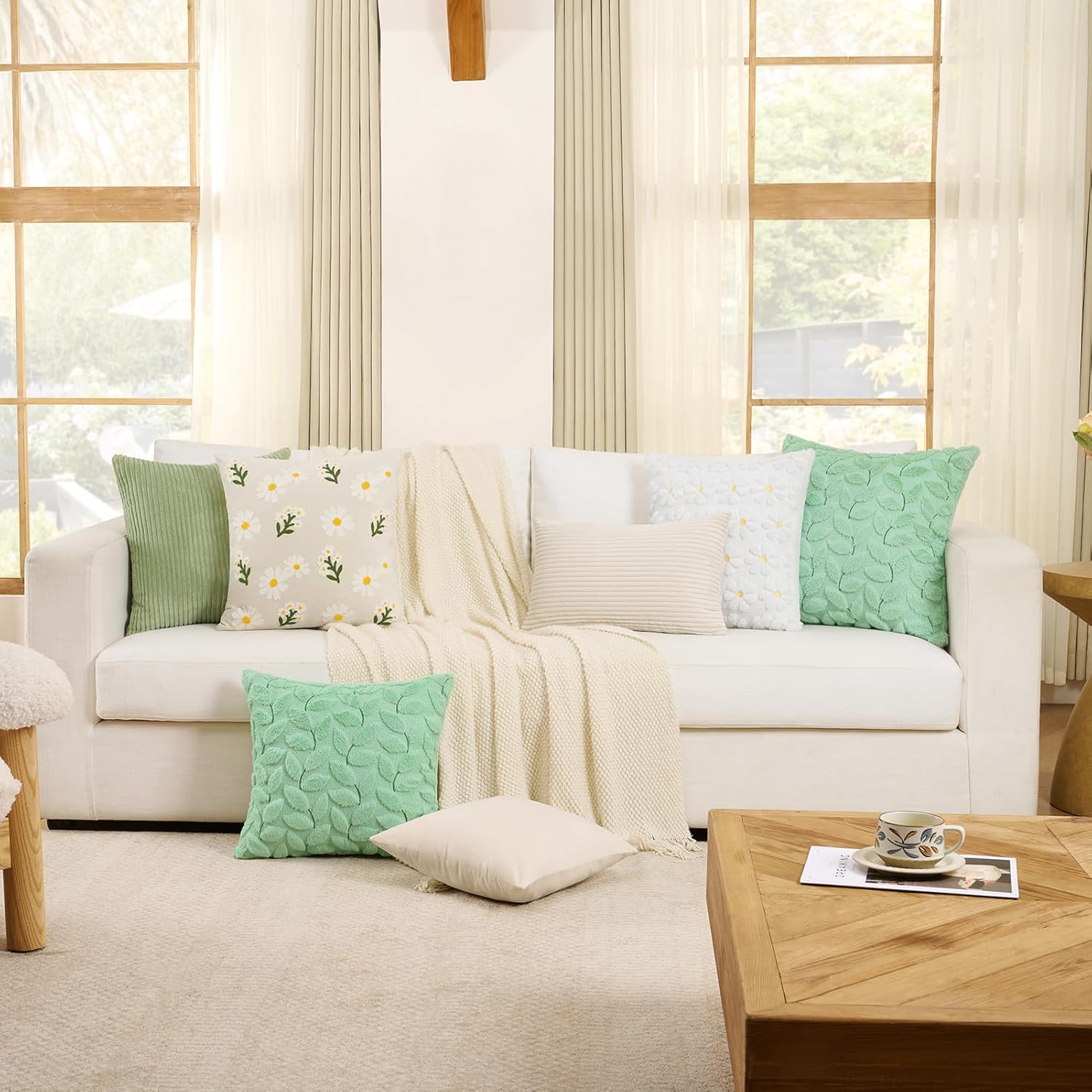 Softalker Spring Floral Throw Pillow Covers 18 x 18 Inch Set of 1, Farmhouse Summer Embroidered Soft Velvet Cushion Covers, 3D Pillow Cases for Couch Bedroom Living Sofa Room Home Decor, Beige - Image 6