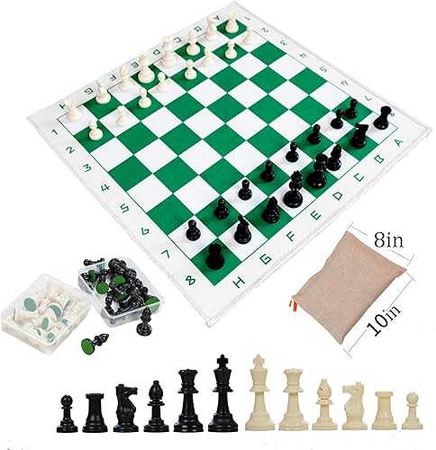 Miniatura 8 de Juego de ajedrez con tablero plegable verde y blanco de 19.7 x 19.7 pulgadas, piezas estándar sin peso de 3 pulgadas, juego de ajedrez de viaje