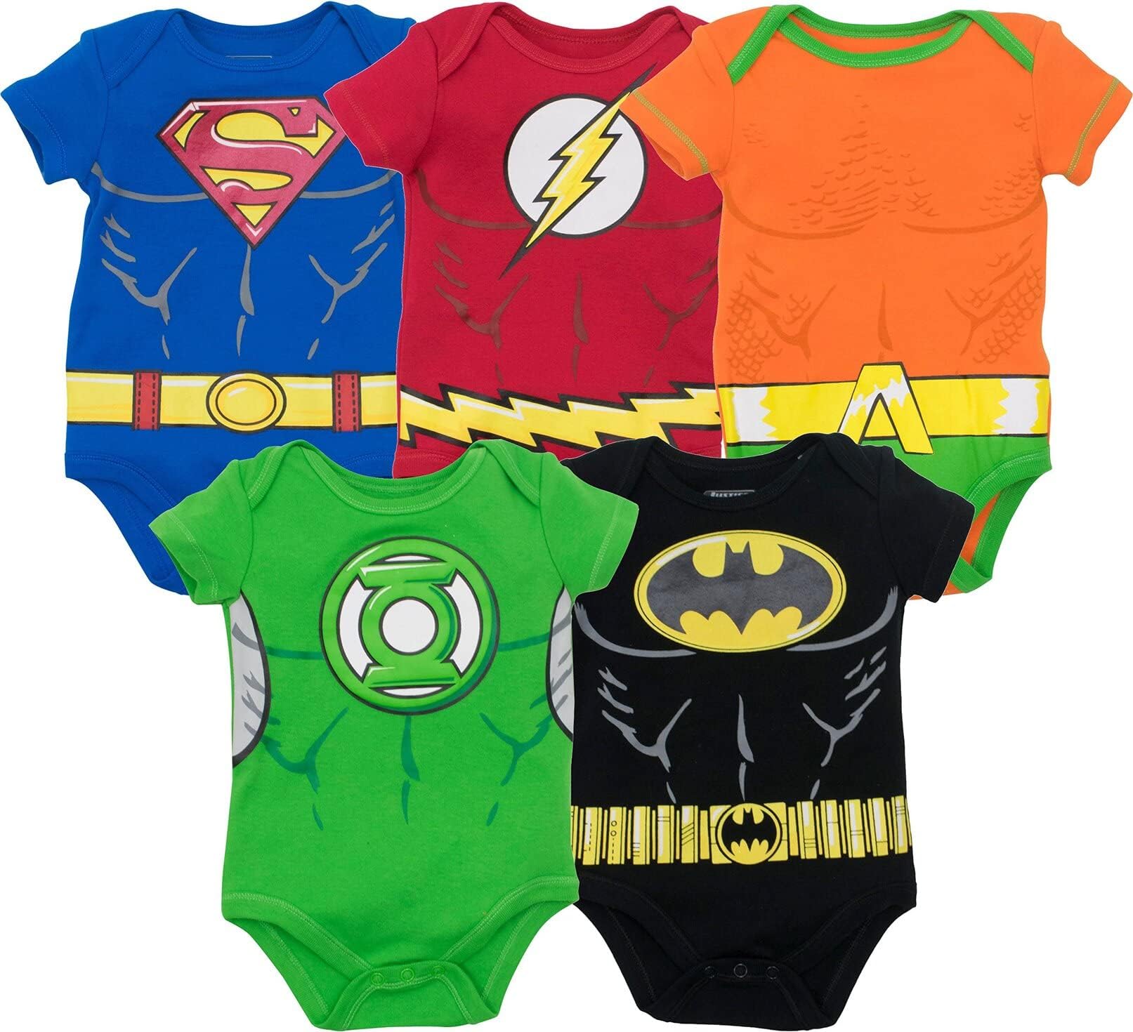 DC Comics Justice League Baby 5 Pack Costume Bodysuits Newborn to Infant Sizes (0-3 Months - 24 Months)