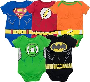 Justice League Baby Boys 5 Pack Superhero Bodysuits - Batman Superman The Flash Aquaman & Green Lantern 3-6M