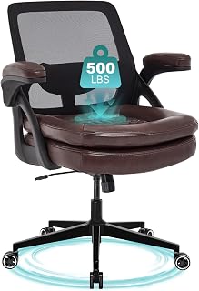 Big and Tall Office Chair, 500lbs Mesh Heavy Duty Ergonomic Desk Chair with Flip-up Armrests, Plus Size Wide Seat in PU Leather, 360 Swivel Computer Executive Task Chair for Home Office (Brown)
