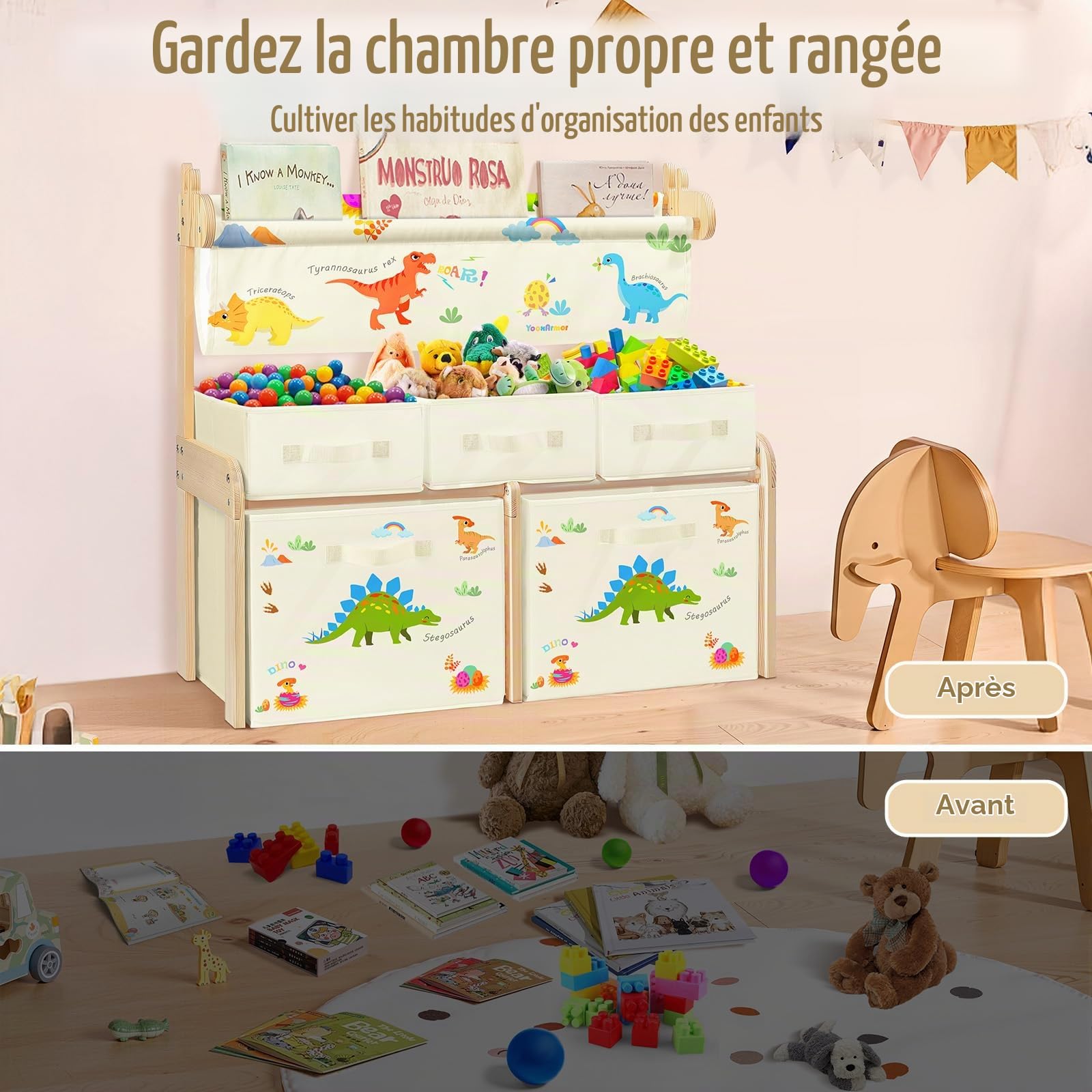 Bibliothèque Enfant avec 1 Porte-Livres en Tissu et 5 Bacs de Rangement, Meuble de Chambre 3 Étagères pour Jouets, Chambre Bébé, Salle de Jeu ou Classe, Dinosaure