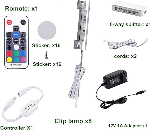 Miniatura 2 de AIBOO Kit de iluminación LED para estante de vidrio para iluminación lateral trasera con cable flexible y clip con control remoto RF (8 luces, RGB)