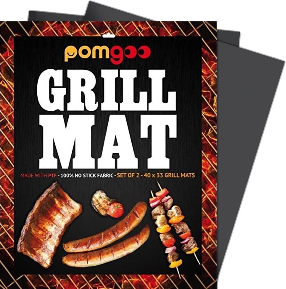 Grill Mat (Set of 2) by POMGOO - BBQ Grill Accessories for Deck, Gas, Charcoal and Electric Grill; Non Stick Reusable and Easy to Clean Grilling Mats for Barbeque | Pad Size 15.7 x 13 inches