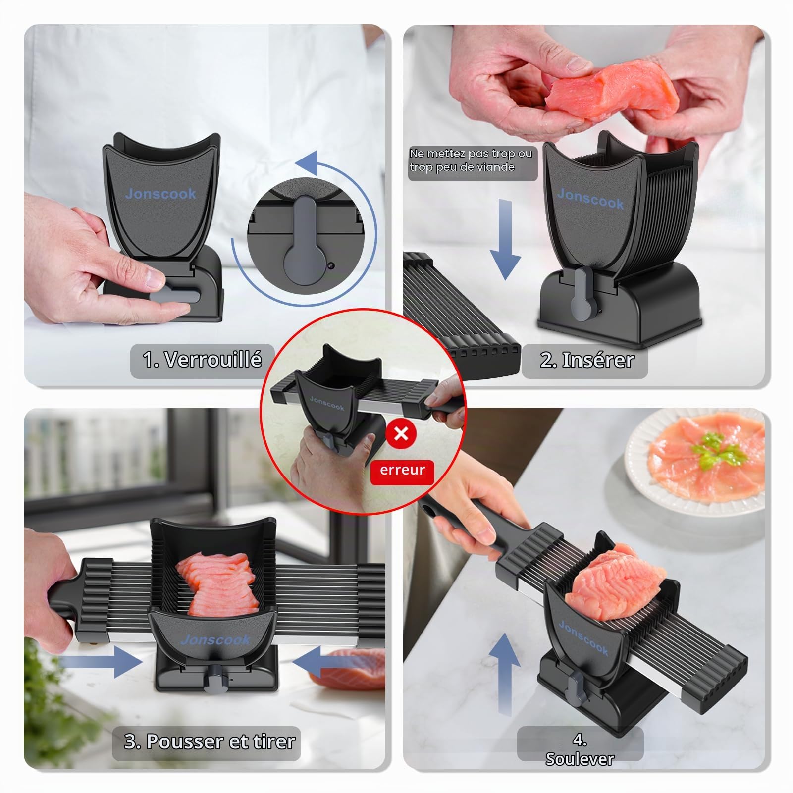 Trancheuse à viande fraîche, trancheuse manuelle pour la préparation des repas, épaisseur de coupe réglable de 2 mm ou 4 mm, 17 lames pour 18 tranches (tranché, rayé, coupé en dés) - Noir