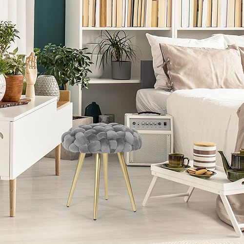 Miniatura 2 de Joveco Taburete de terciopelo para tocadores, dormitorio, sala de estar, taburete otomano redondo tapizado tejido, moderno, otomano, banco de