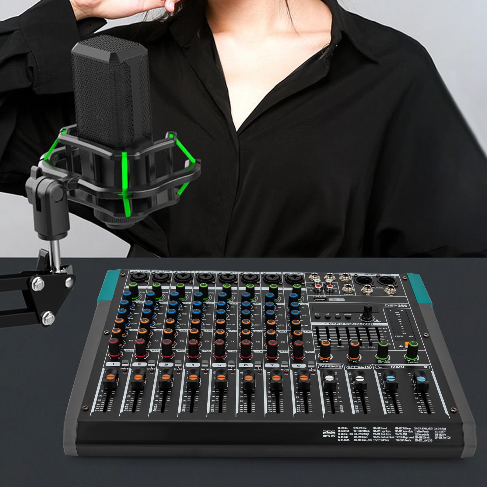 Mikser audio, 8-kanałowy mikser audio z zasilaniem fantomowym 48 V, funkcja Bluetooth, z wyświetlaczem LCD, do prywatnych pomieszczeń KTV, studiów nagrań, pomieszczeń transmisji