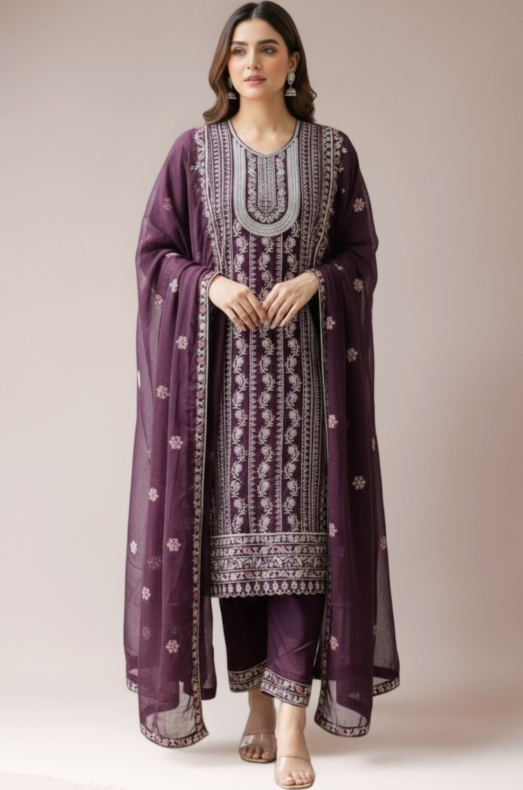 Ready to Wear Pakistani Suit, Purple Embroidered Salwar Kameez with Dupatta, Traditional Ethnic Wear