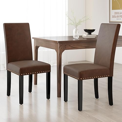 Miniatura 12 de Juego de 2 sillas de comedor de madera, sillas auxiliares de cocina tapizadas de tela moderna, silla de respaldo alto con clavos de cobre (beige)