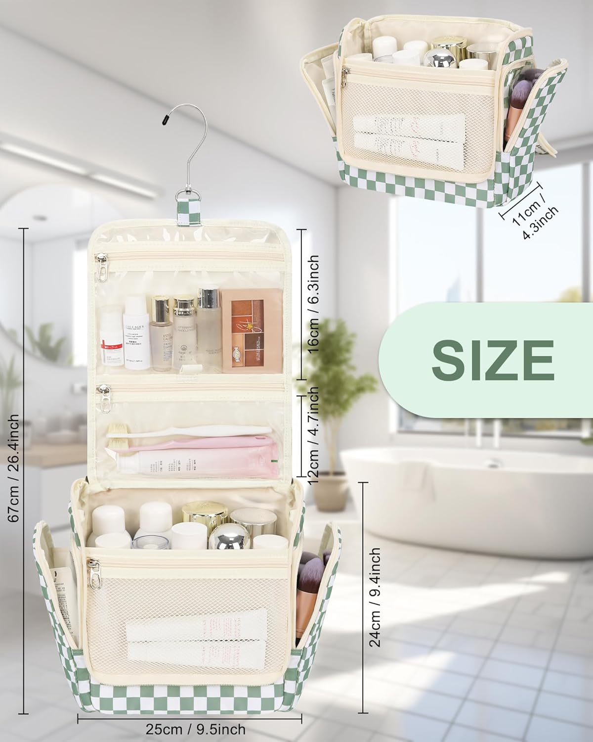 Relavel Travel Toiletry Bag for Women Makeup Bag Cosmetic Organizer Toiletries Bag with Hanging Hook for Travel Size Essentials Accessories Shower Caddy Bag for Bathroom Beach Gym, Green Checkerboard