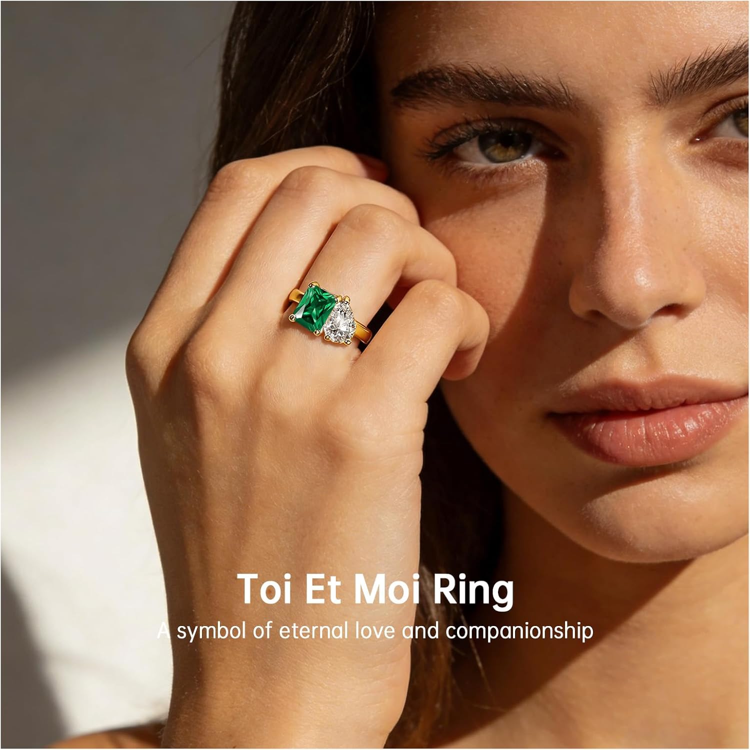 2.75ct 14K Gold Plated Toi Et Moi Women's Engagement Ring 6x8mm Pear & Emerald Cut Double Stone Ring AAAAA Cubic Zirconia 925 Sterling Silver Wedding Band Width 2mm Size 5-9 - Image 5